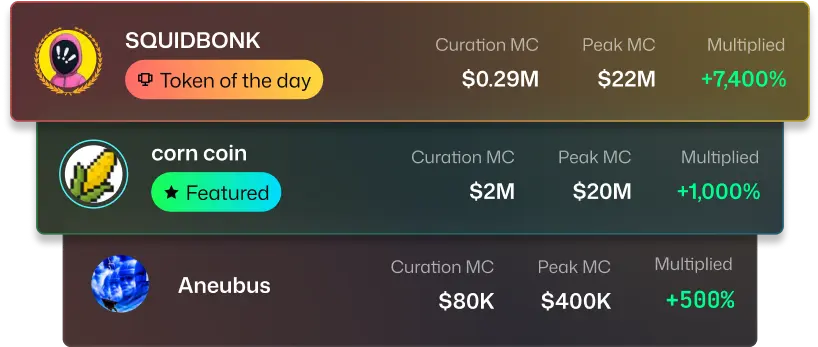 Multiple ecosystem tokens displaying their market cap and multiplier percentage.