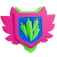A colorful shield with bright pink wings, a green base and a blue center featuring green candles.